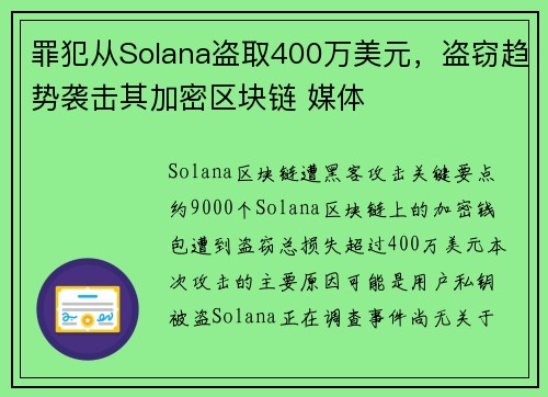 罪犯从Solana盗取400万美元，盗窃趋势袭击其加密区块链 媒体
